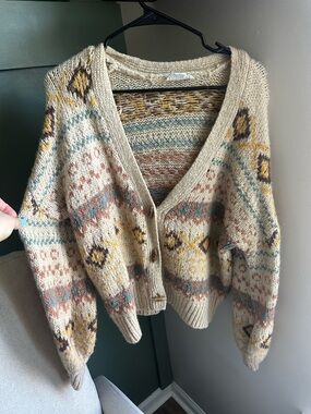 Love Riche Beige Multicolor Fair Isle V-Neck Button Cardigan